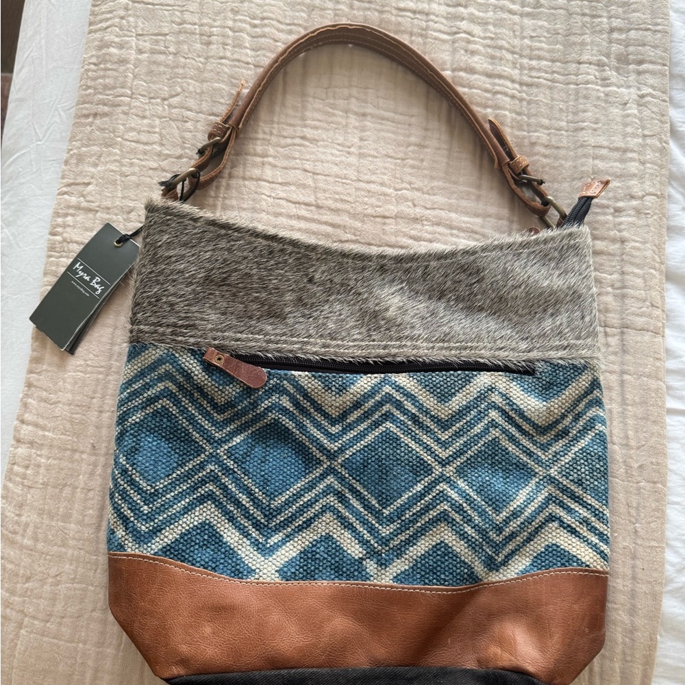 NWT Myra Bag Blue Geometric Shoulder Hobo with Brown Leather Trim